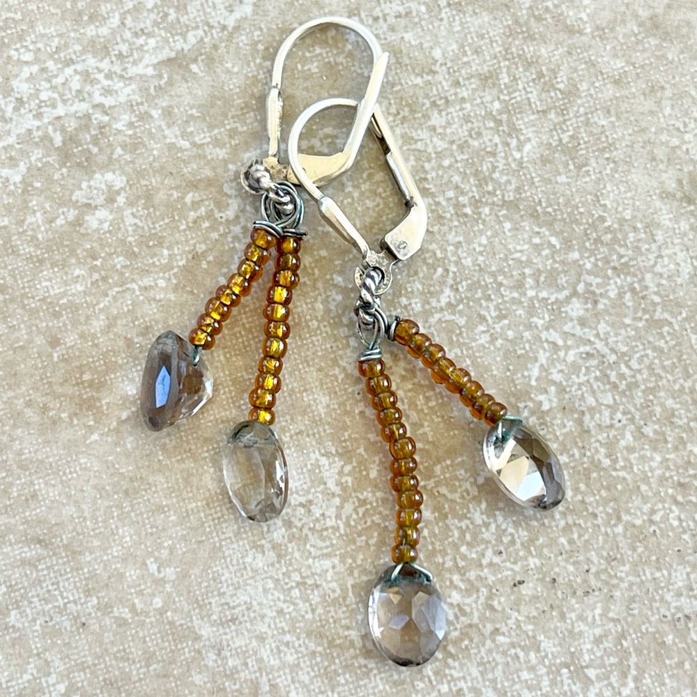 Artisan 925 Sterling Silver Smoky Quartz Beaded Dangle Earrings, Leverback, 1.5”